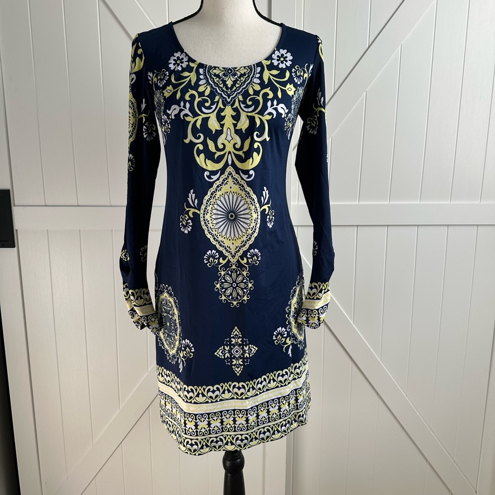 INC International Concepts Navy & Yellow Printed Shift Dress Size XS - Picture 1 of 6